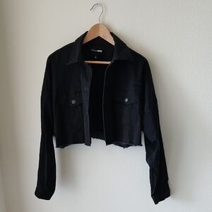 Fashion Nova Black Denim Cropped Jacket Distressed Hem Sz L Indie Grunge